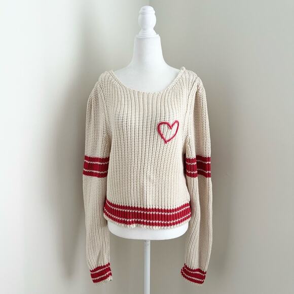Free People Cream/Red Sweater w Heart - Picture 3 of 9